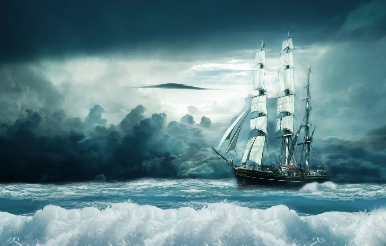 Photo wallpaper sea, wave, the sky, clouds, light, clouds, storm, rendering