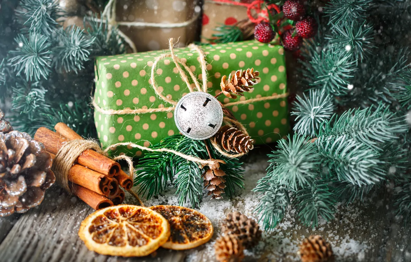 Photo wallpaper snow, decoration, New Year, Christmas, gifts, christmas, balls, wood