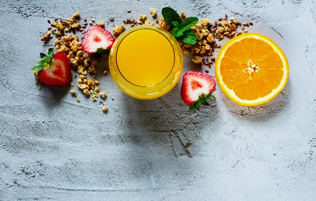 Photo wallpaper glass, orange, strawberry, juice, drink, nuts, mint, fresh
