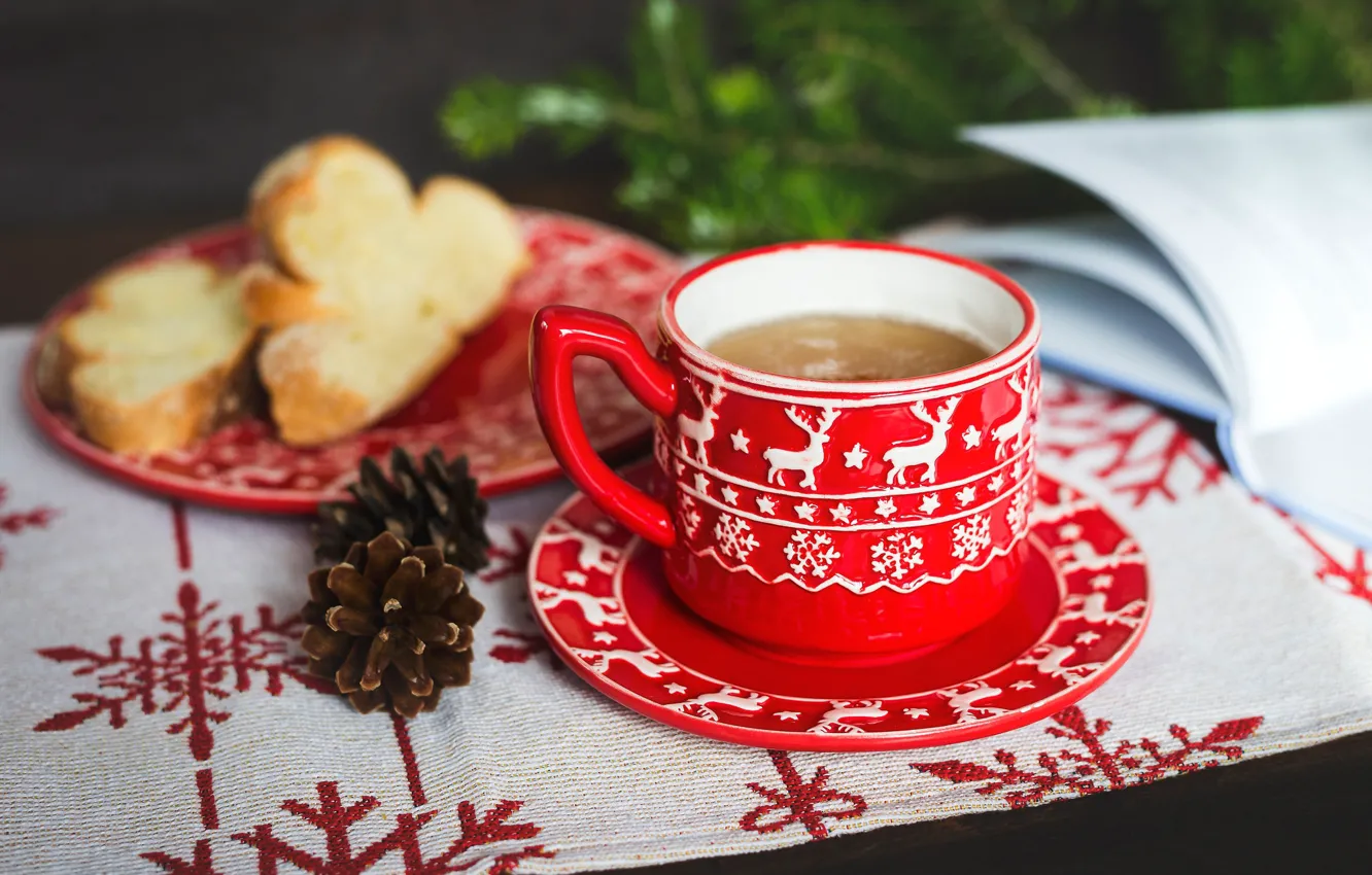 Photo wallpaper snowflakes, red, table, background, holiday, tea, new year, deer