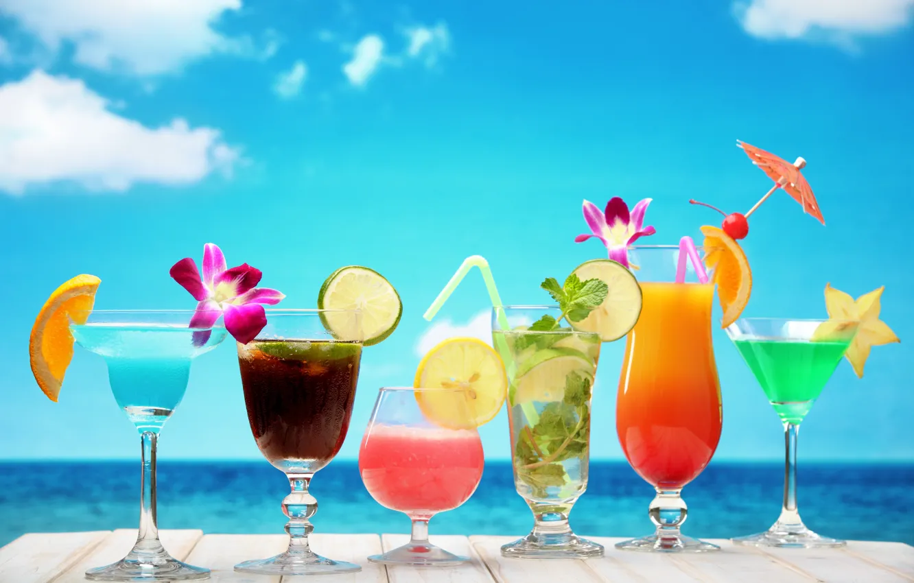 Photo wallpaper sea, beach, cocktail, summer, fruit, beach, fresh, sea