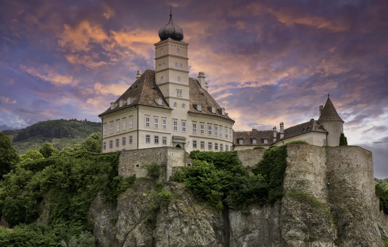 Photo wallpaper landscape, sunset, mountains, nature, castle, rocks, Hungary