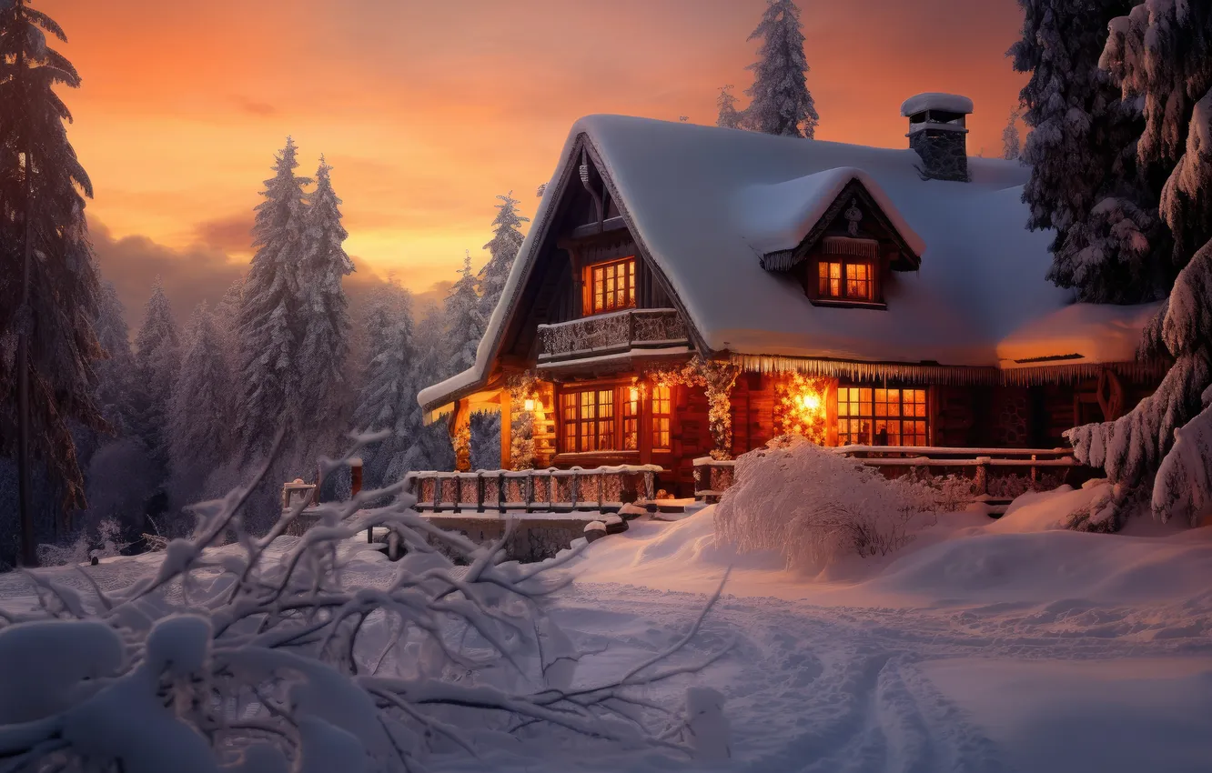 Photo wallpaper winter, forest, snow, mountains, night, nature, house, house
