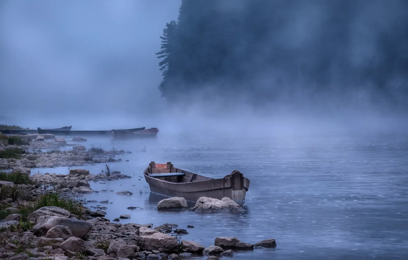 Photo wallpaper landscape, nature, fog, river, stones, rocks, shore, boat