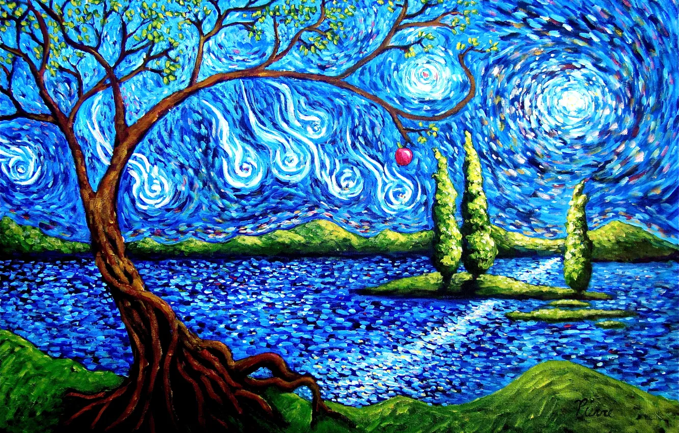Photo wallpaper the sky, trees, abstraction, lake, apples, island, art
