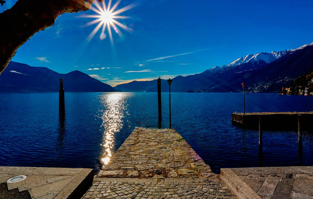 Photo wallpaper the sky, the sun, mountains, lake, Switzerland, promenade, Ascona
