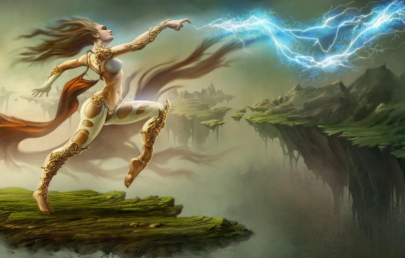 Photo wallpaper girl, rocks, magic, lightning, dance, art, flying
