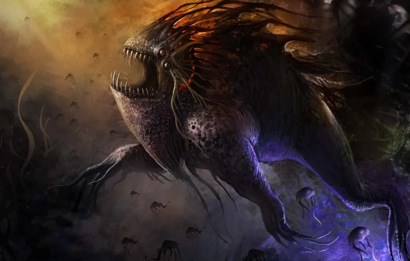 Photo wallpaper rocks, monster, glow, being, art, mouth, fangs, under water