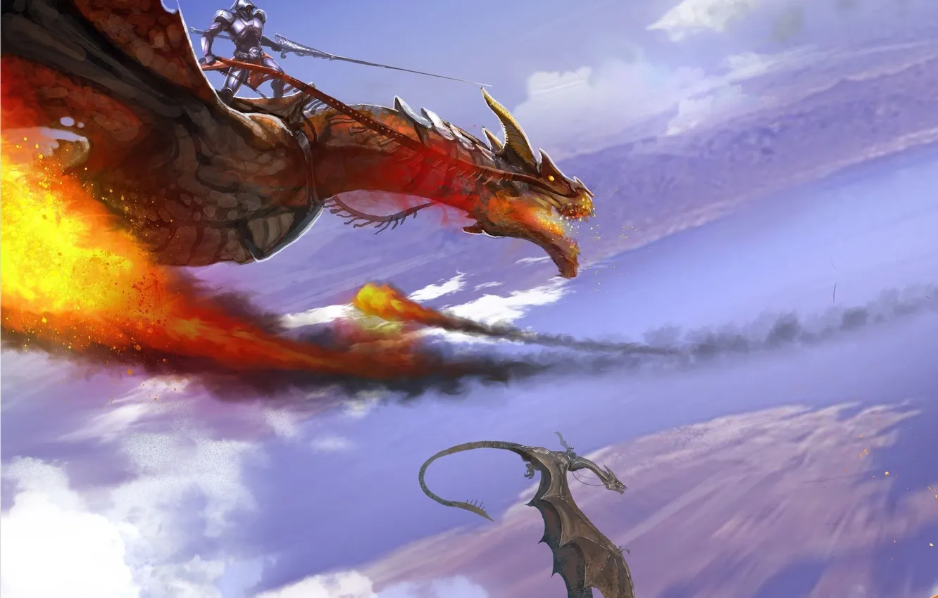 Photo wallpaper clouds, flight, flame, Dragon, warrior, rider