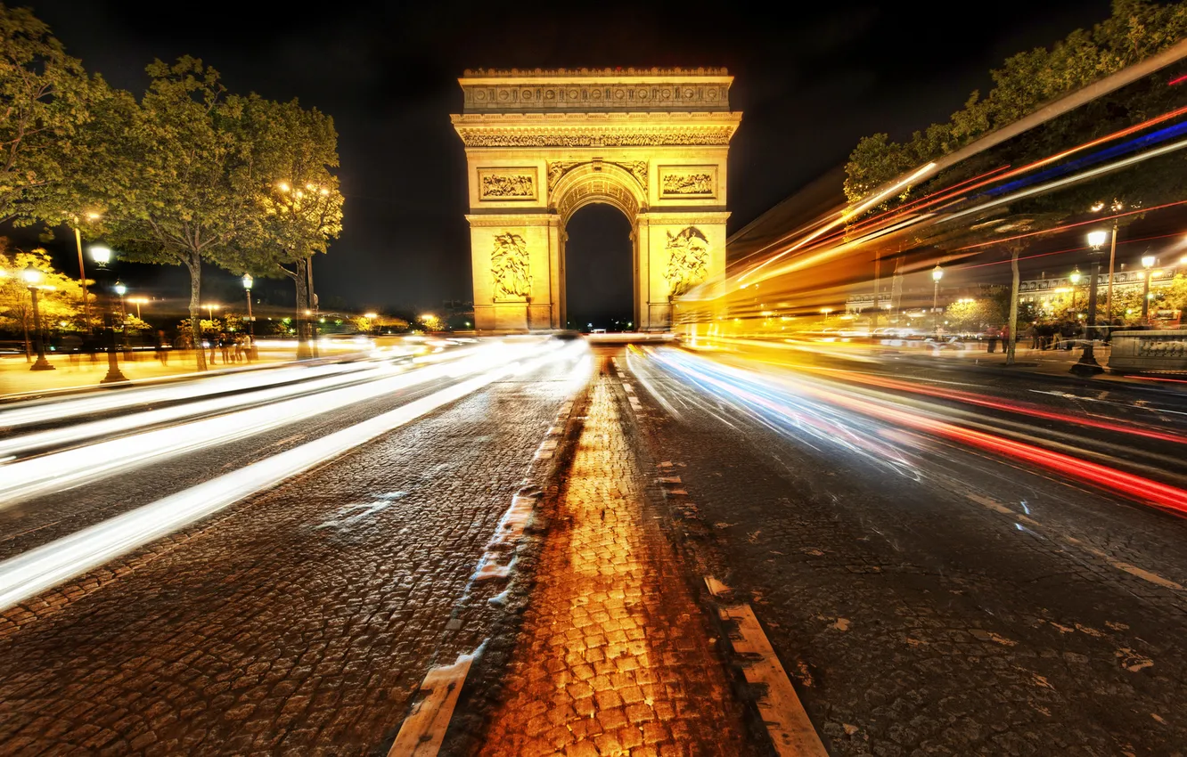 Photo wallpaper road, machine, light, night, the city, lights, Paris, people