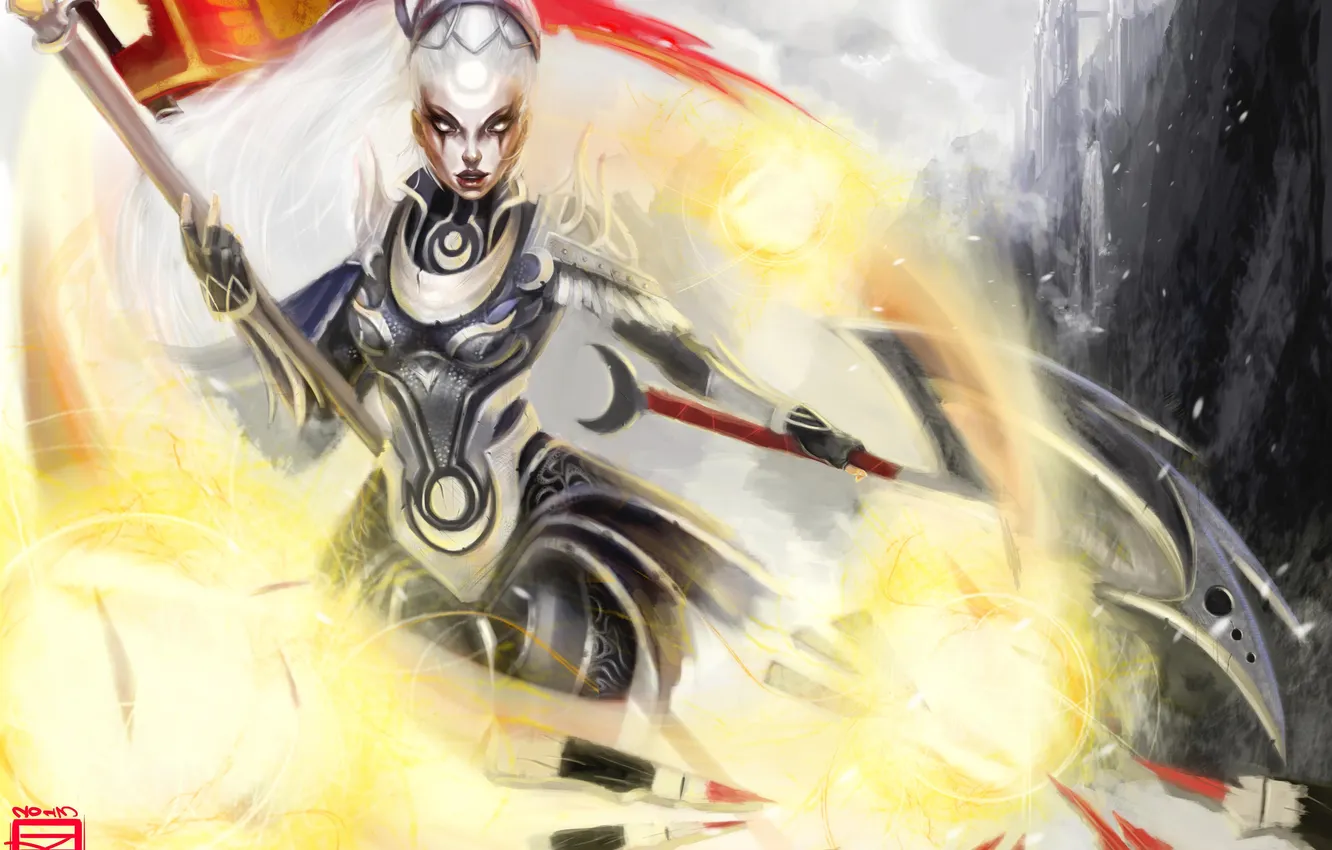 Photo wallpaper look, girl, hair, the game, flag, art, League of Legends, Diana