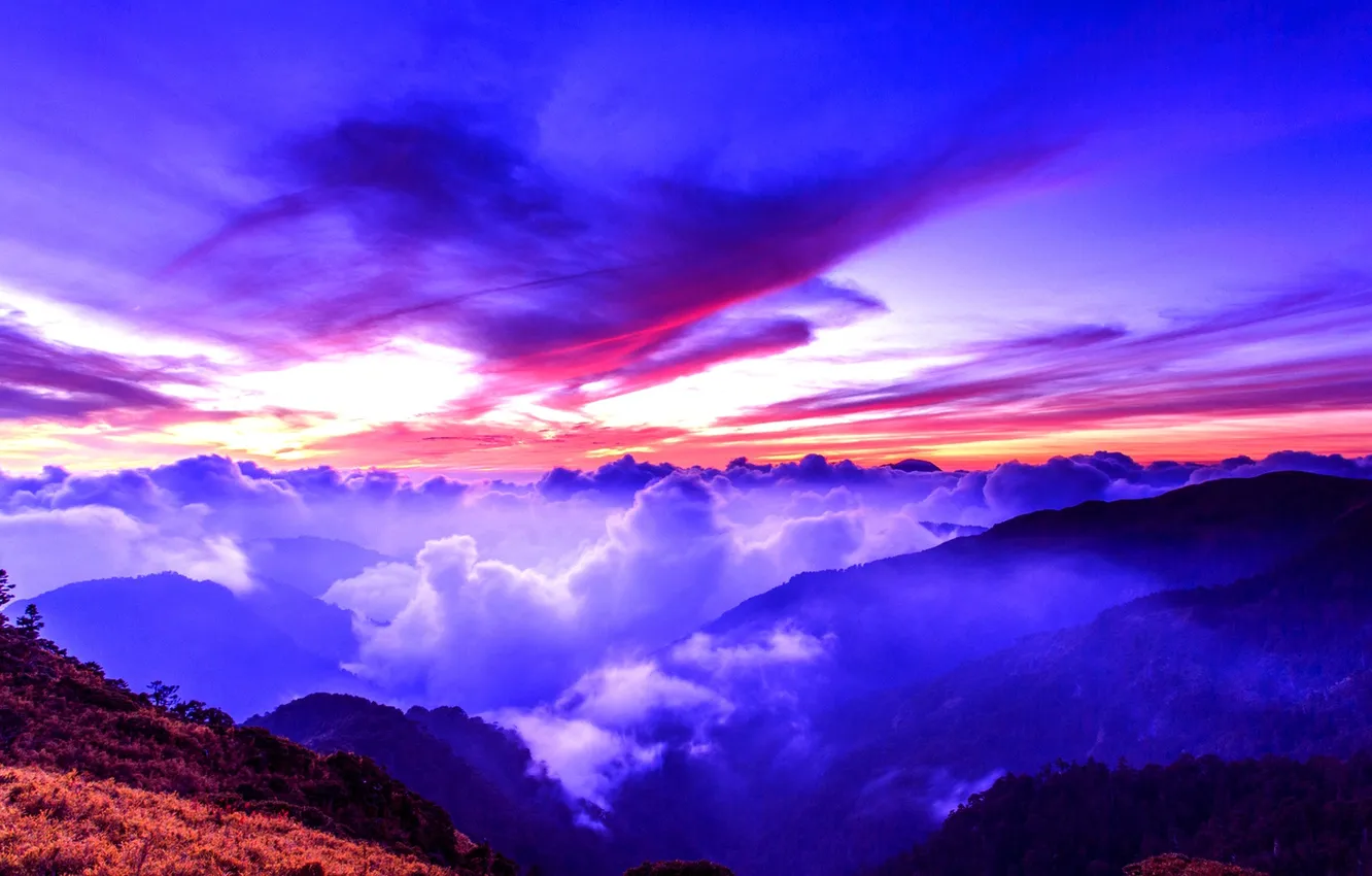 Photo wallpaper the sky, clouds, sunset, mountains, glow