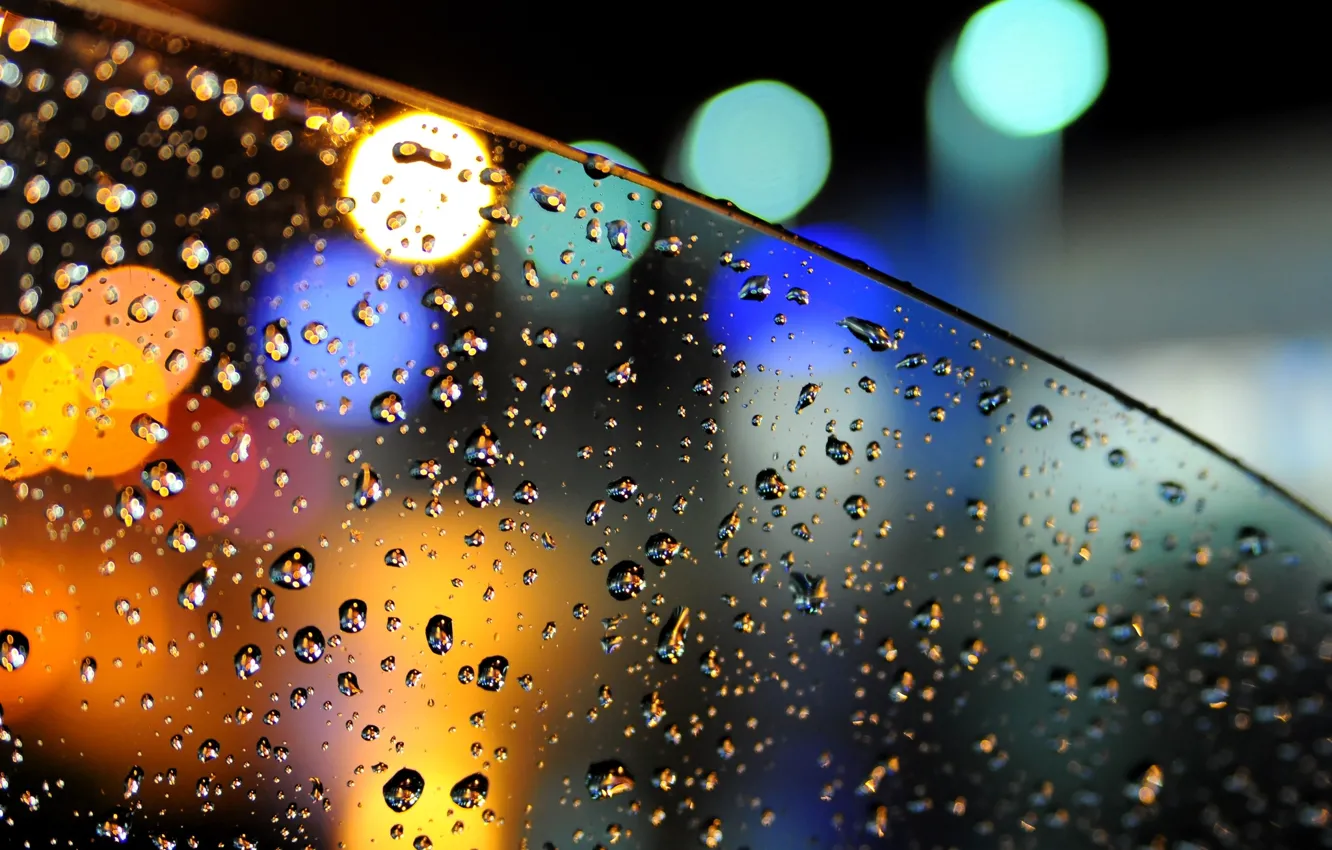 Photo wallpaper machine, glass, water, drops, lights, rain, bokeh