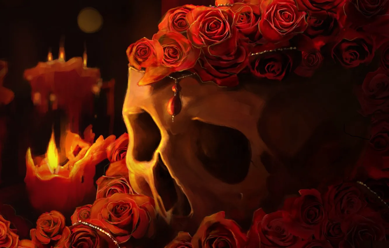 Photo wallpaper FIRE, RED, SKULL, FLOWERS, FLAME, ROSES, PENDANT, CANDLES
