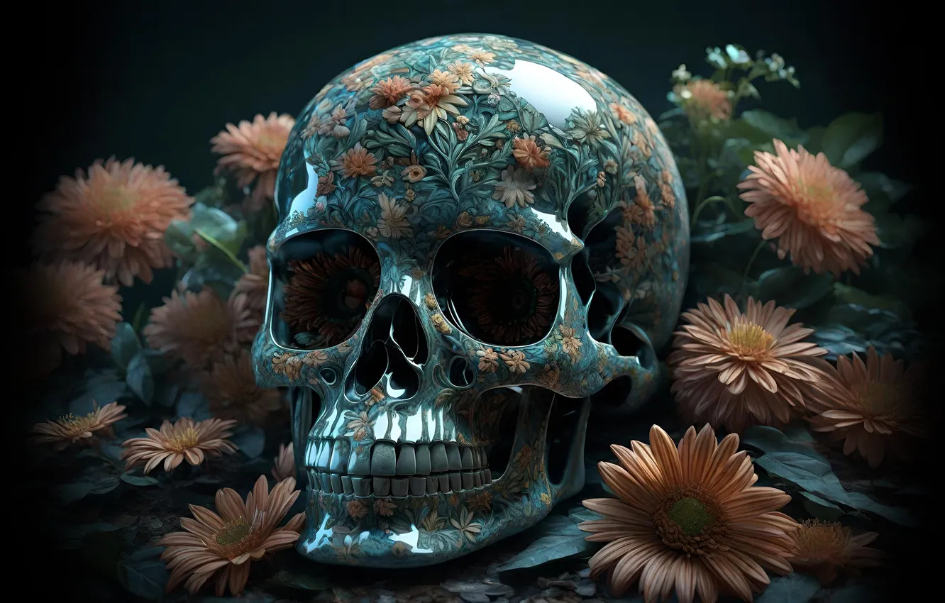 Photo wallpaper flowers, skull, The glass skull