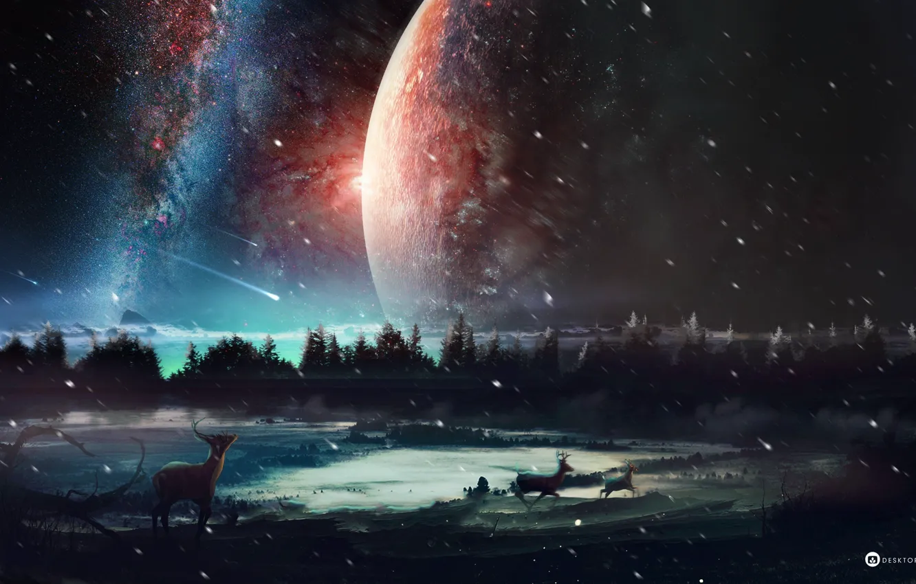 Photo wallpaper forest, night, lake, planet, deer, desktopography, dreamworld, Starfall