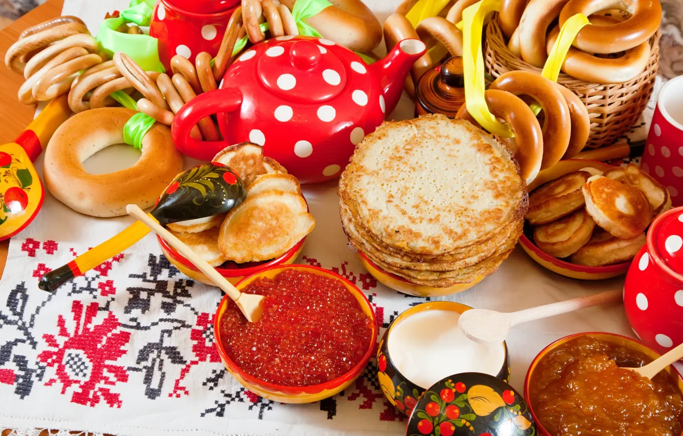 Photo wallpaper red, food, bagels, pancakes, caviar, drying, pancakes, sour cream