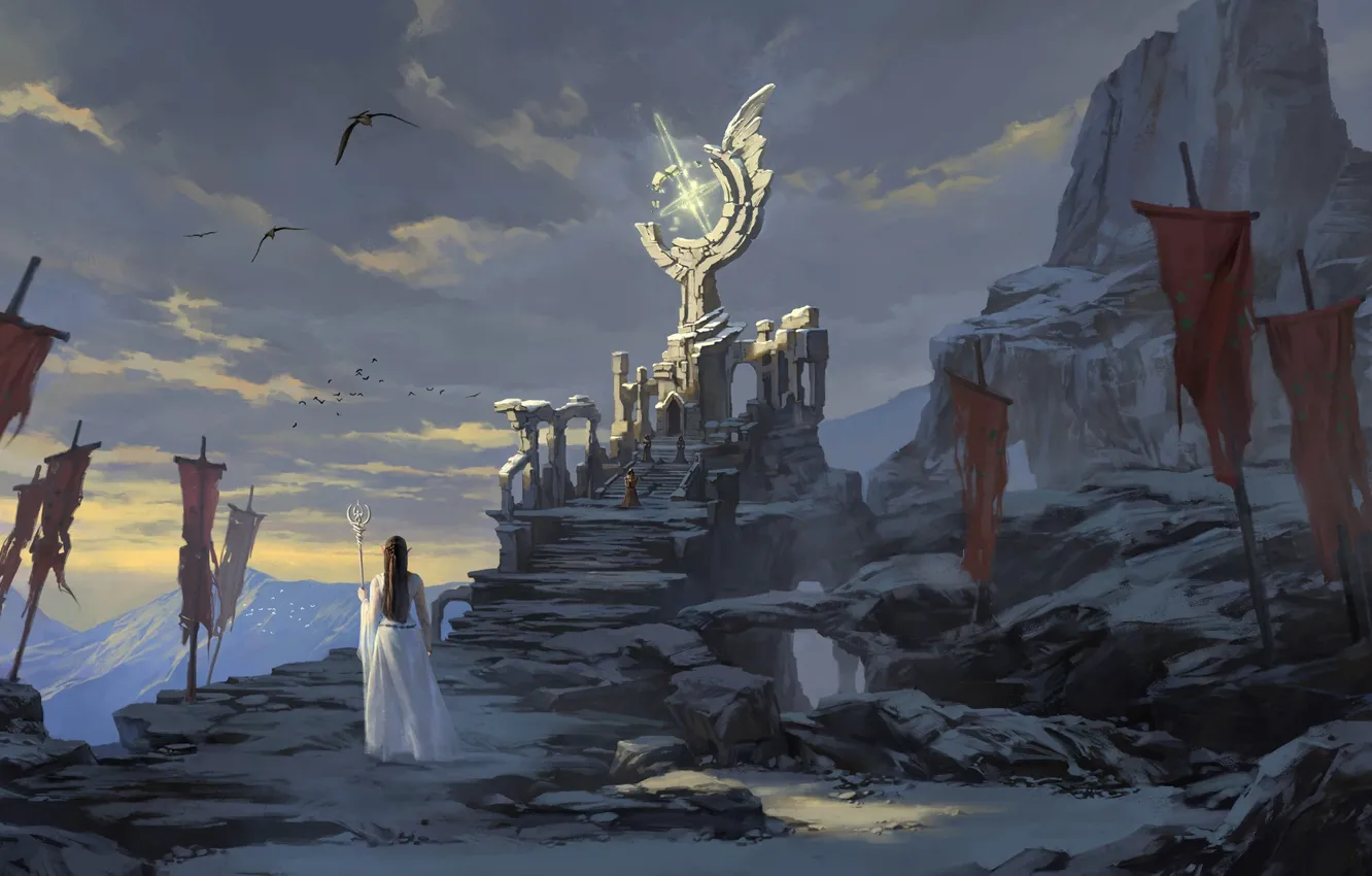 Photo wallpaper fantasy, magic, long hair, mountains, rocks, birds, ruins, elf