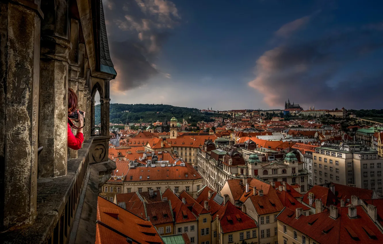 Photo wallpaper roof, the sky, clouds, the city, hills, photography, building, height