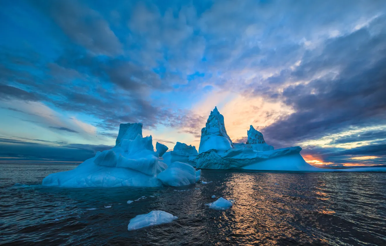 Photo wallpaper cold, ice, sea, the sky, water, clouds, sunset, blue
