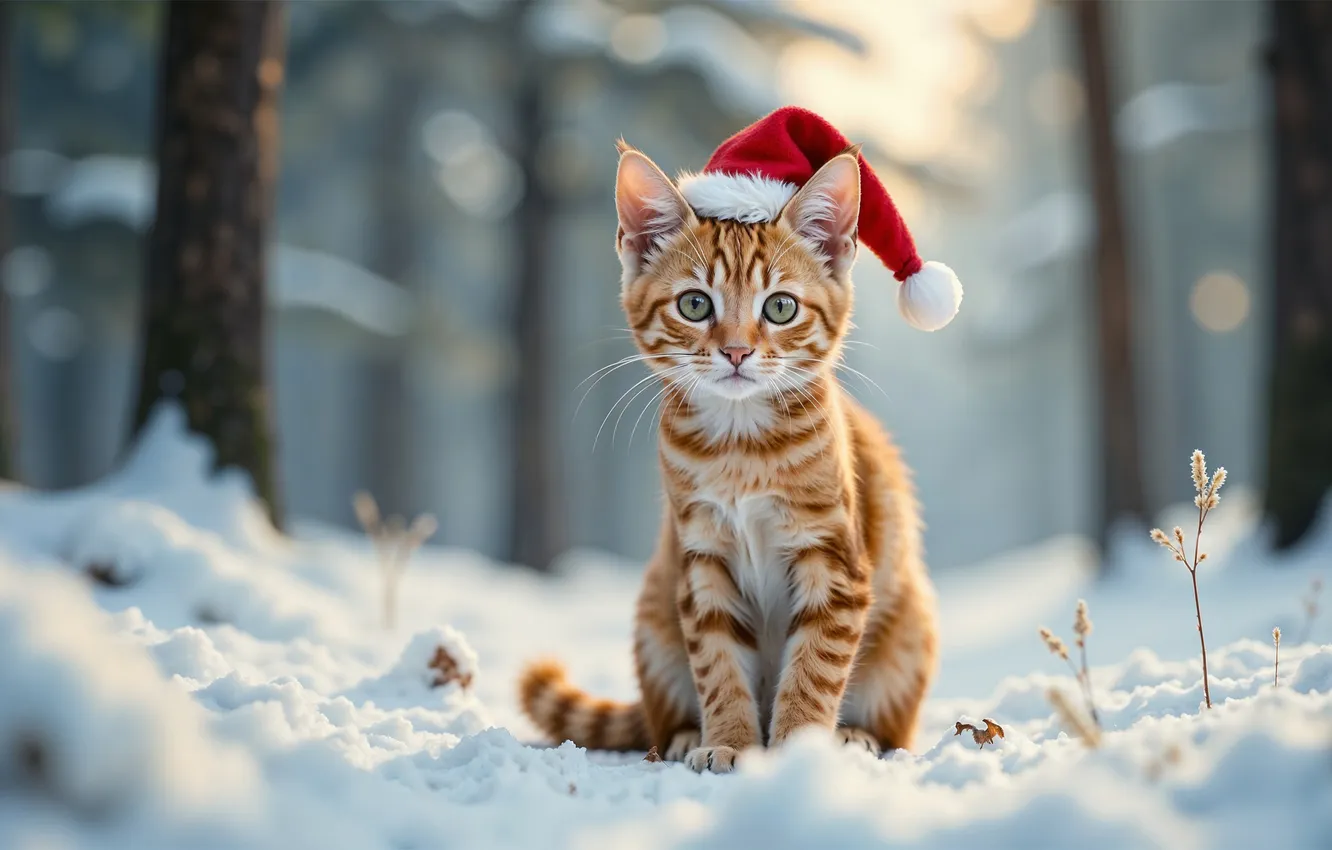 Photo wallpaper winter, frost, forest, cat, cat, look, light, snow