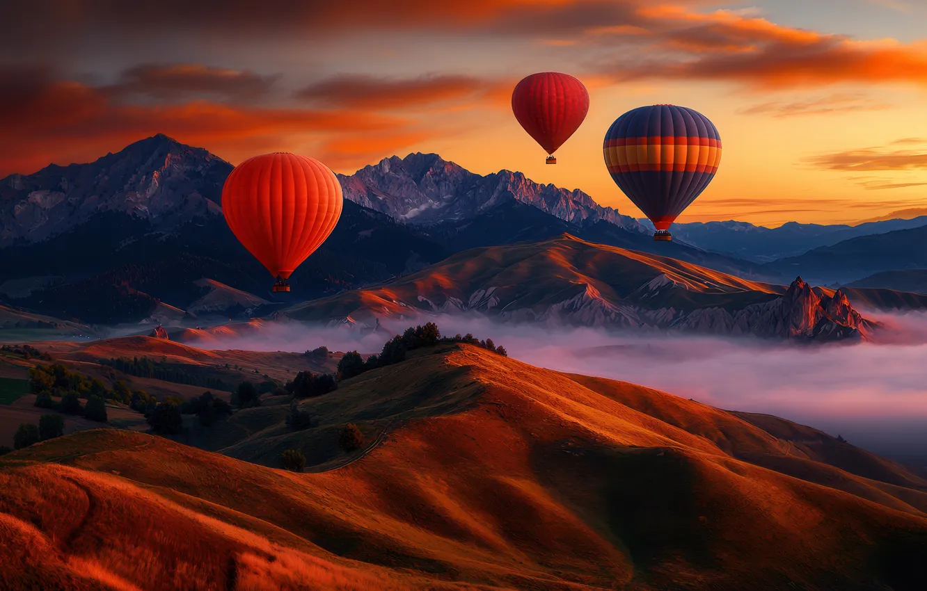 Photo wallpaper flight, landscape, sunset, mountains, nature, fog, balloons, tops