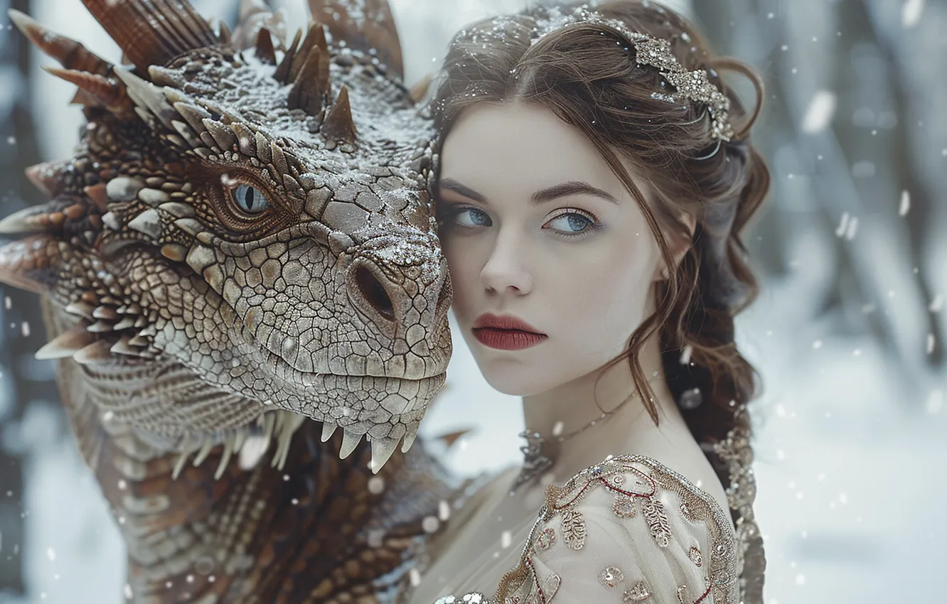 Photo wallpaper winter, look, girl, snow, dragon, Princess, snowfall, AI art