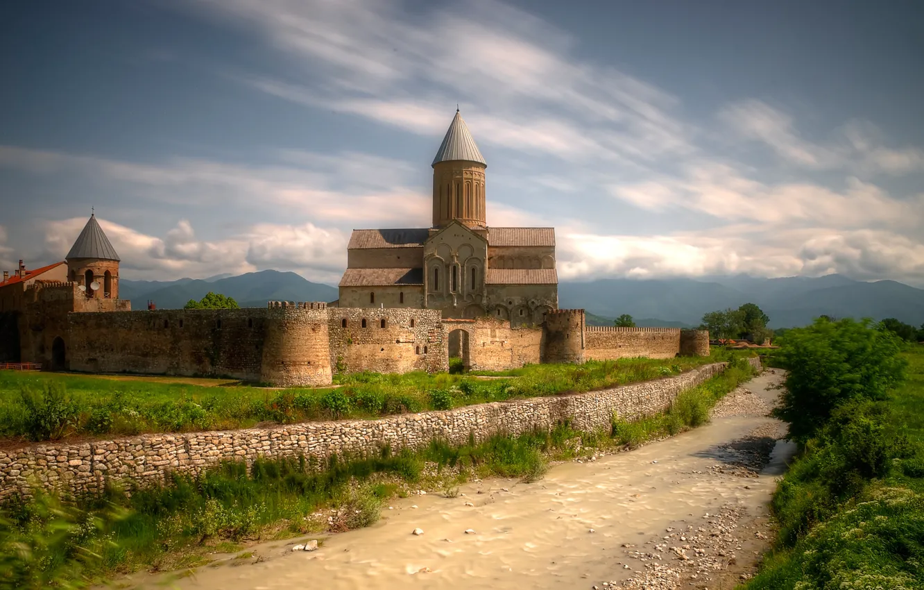 Photo wallpaper river, Church, Cathedral, Georgia, the monastery, Alaverdi Cathedral, Kakhetia, The Alaverdi Monastery