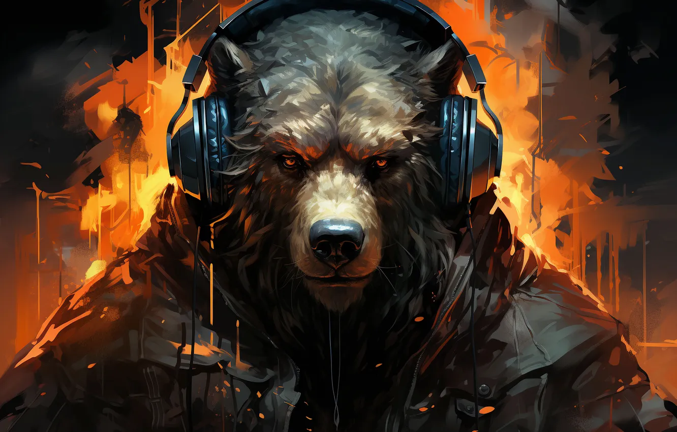 Photo wallpaper look, face, headphones, bear, front, brown bear, digital art, AI art