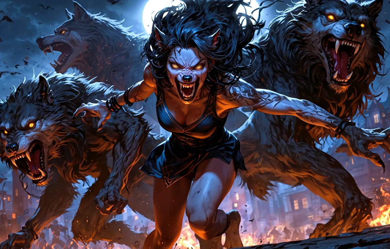 Photo wallpaper girl, night, wolf, werewolf, madness