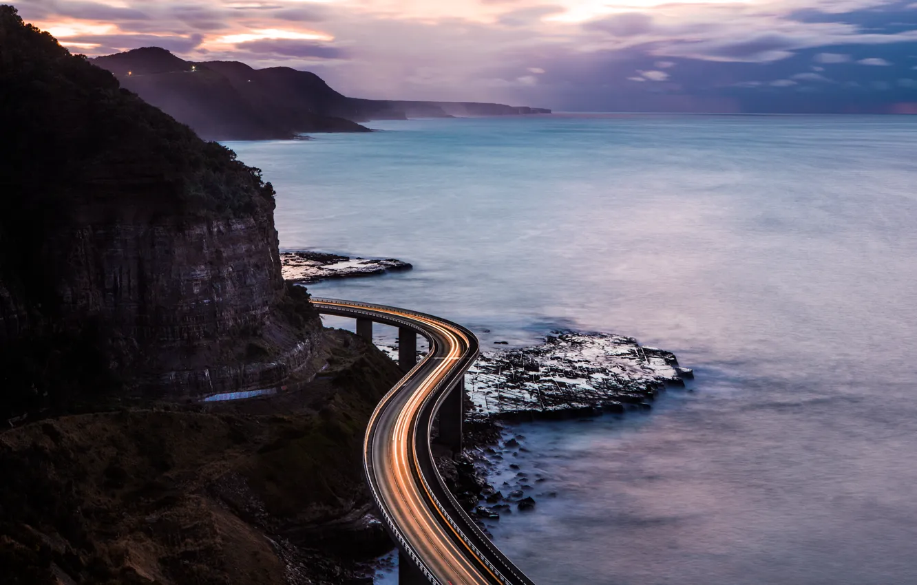 Photo wallpaper road, stones, the ocean, rocks, coast, track