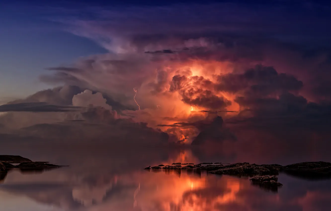Photo wallpaper The sky, Water, Clouds, The ocean, Sea, Lightning, Horizon, Clouds