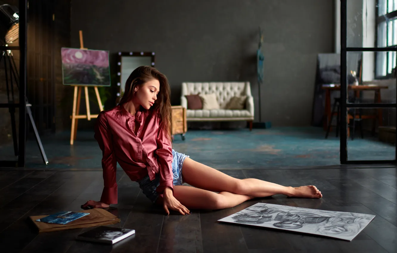 Photo wallpaper girl, pose, shorts, pictures, blouse, legs, on the floor, Sergey Olszewski