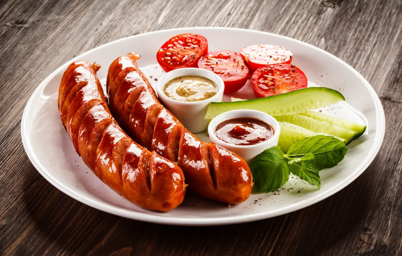 Photo wallpaper sausage, mint, tomatoes, ketchup, cucumbers, grill, mustard