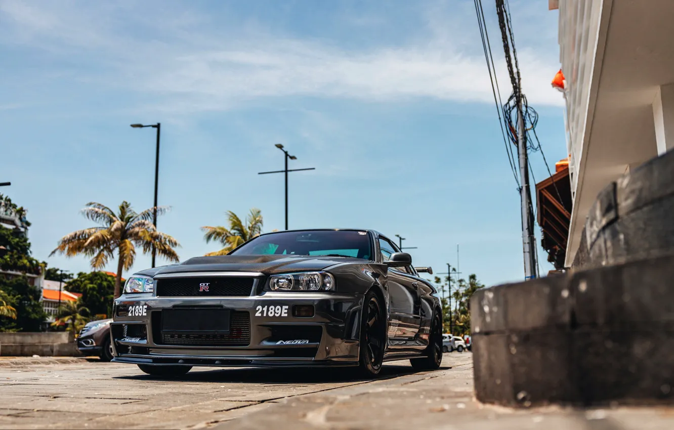 Photo wallpaper GT-R, Street, R34, Palm trees