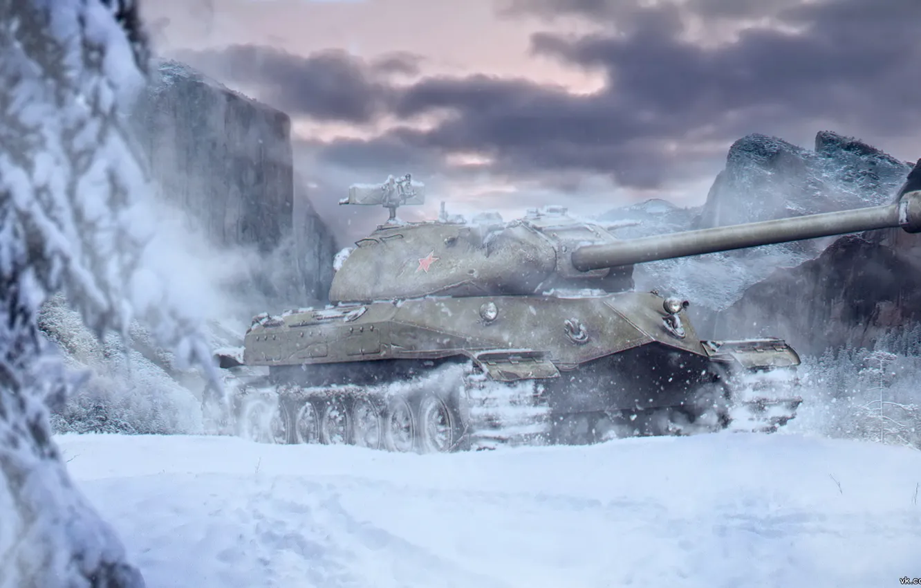 Photo wallpaper winter, snow, mountains, weapons, Game, game, Tank, weapon