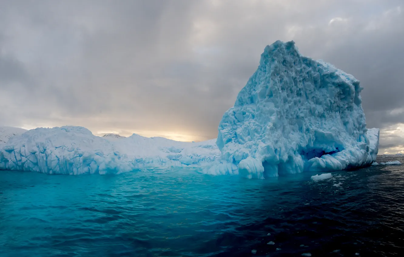 Photo wallpaper ice, winter, clouds, snow, mountains, shore, glacier, iceberg