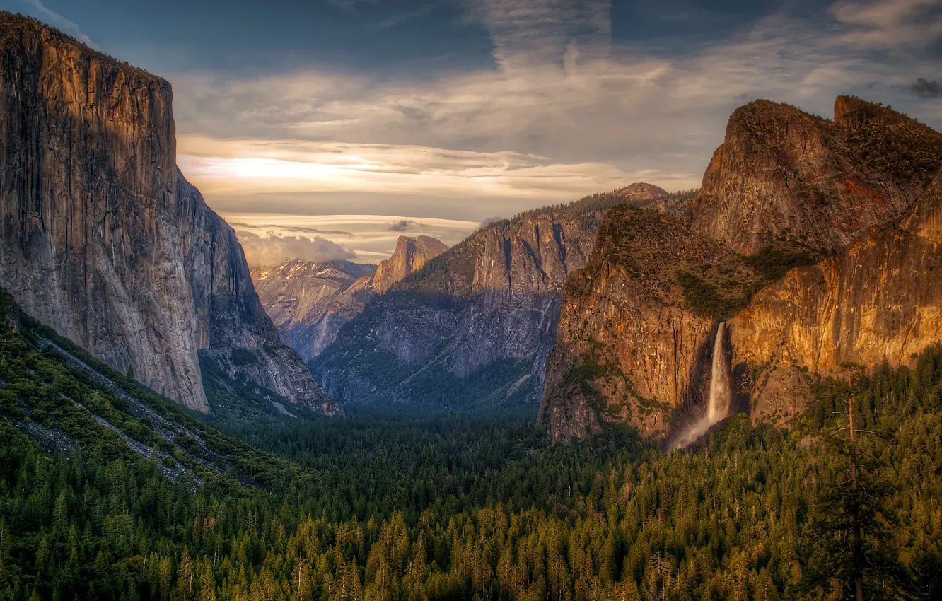 Photo wallpaper forest, the sky, mountains, waterfall, HDR, national Park Yosemite