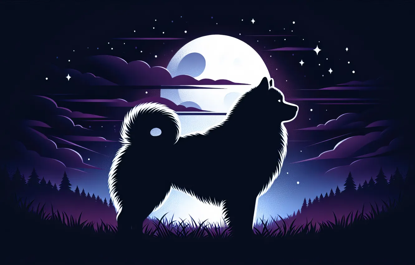 Photo wallpaper Alaskan, Malamute, moonlit