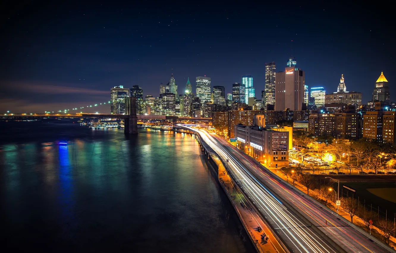 Photo wallpaper road, night, bridge, the city, lights, river, home, skyscrapers