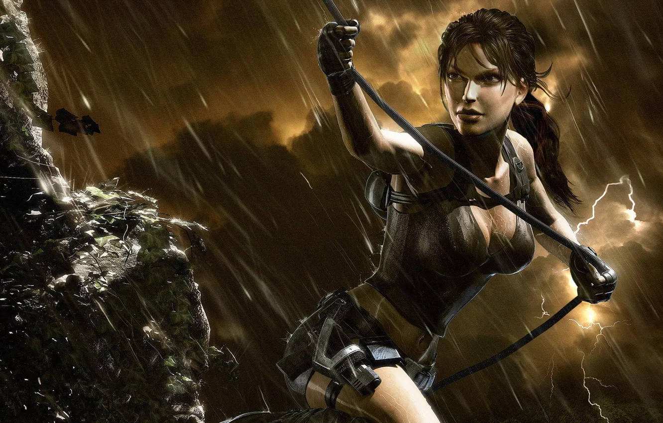 Photo wallpaper the storm, rain, rocks, Croft, Lara, raider, tomb, Lara