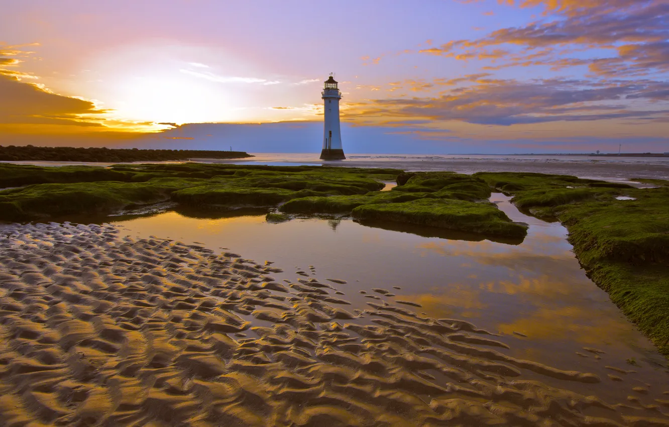 Photo wallpaper sand, sea, shore, lighthouse, tide, seascape