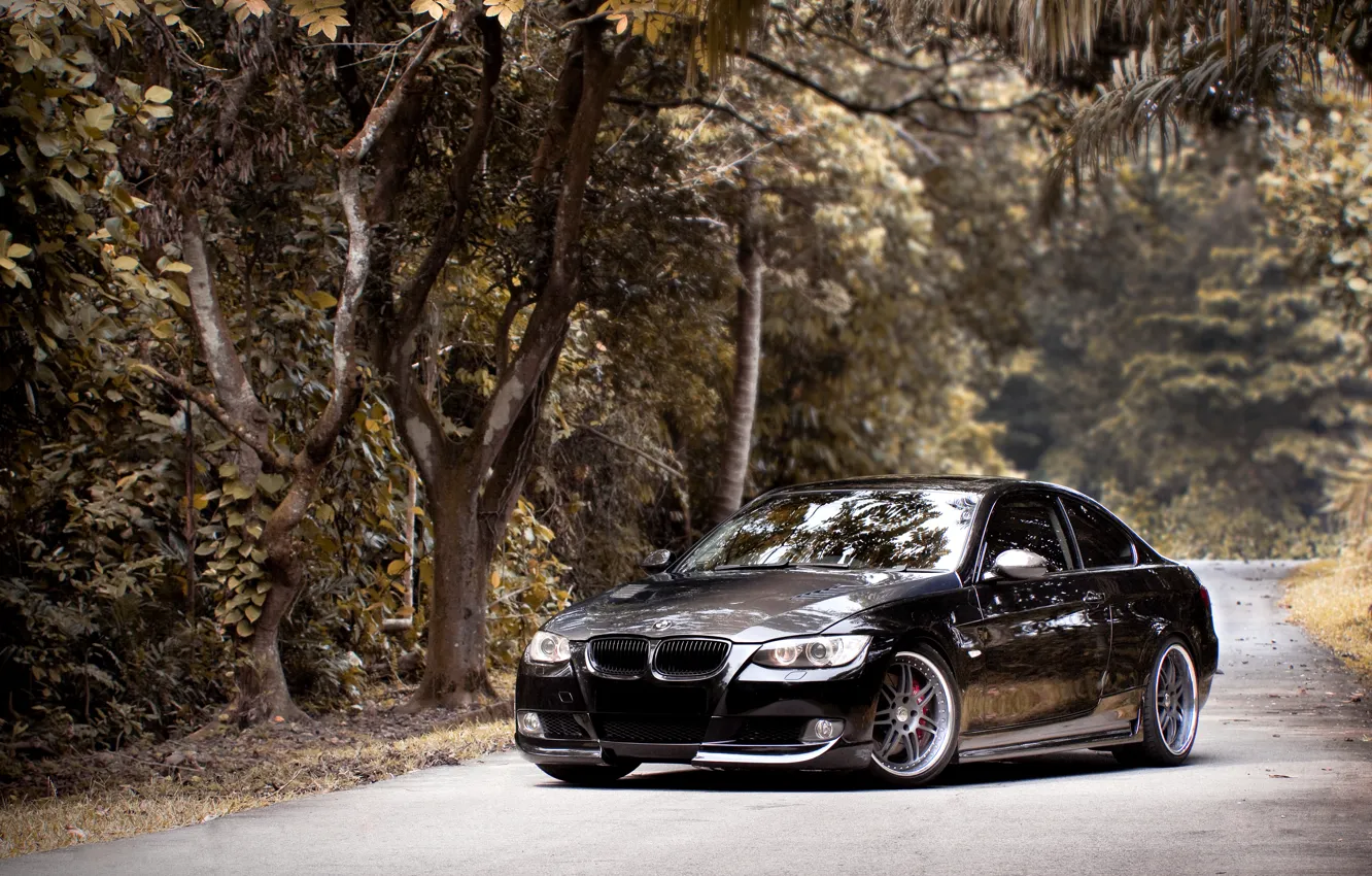 Photo wallpaper road, forest, black, bmw, BMW, black, 335i, e92