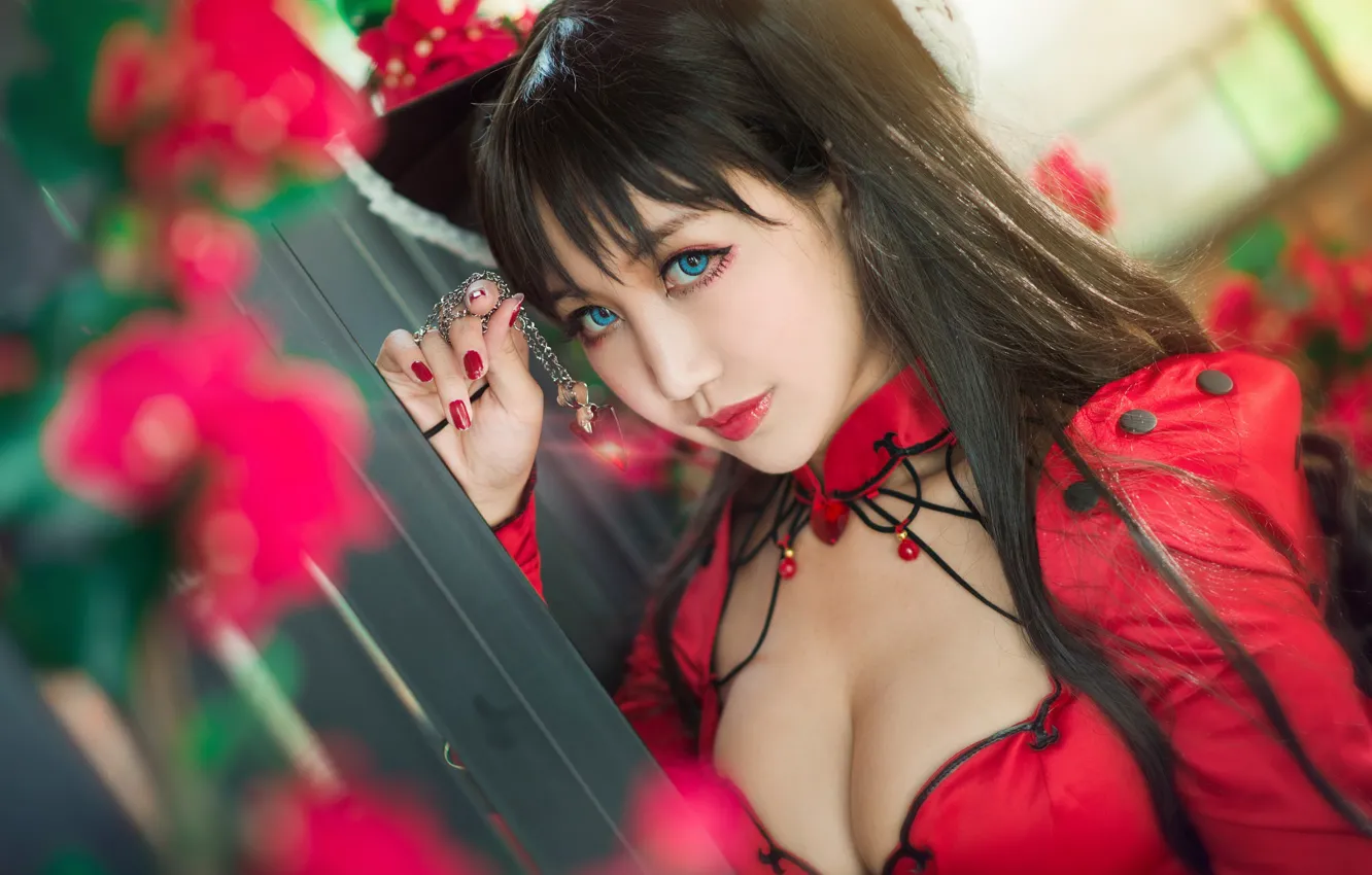 Photo wallpaper chest, look, girl, decoration, flowers, red, face, style