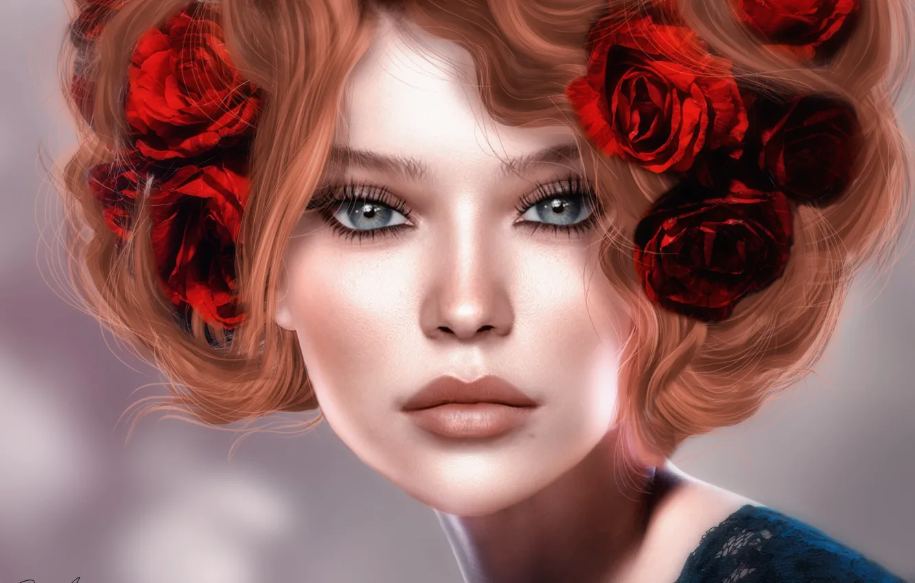 Photo wallpaper girl, flowers, face, rendering, hair