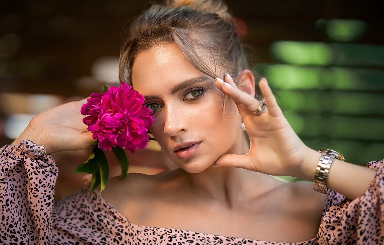 Photo wallpaper flower, look, girl, face, pose, hands, neckline, peony