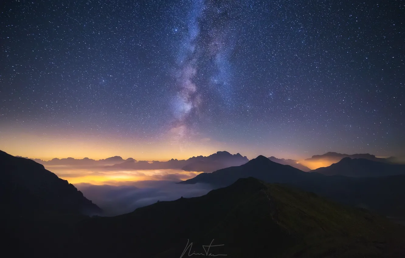 Photo wallpaper the sky, stars, light, mountains, night, fog, the milky way