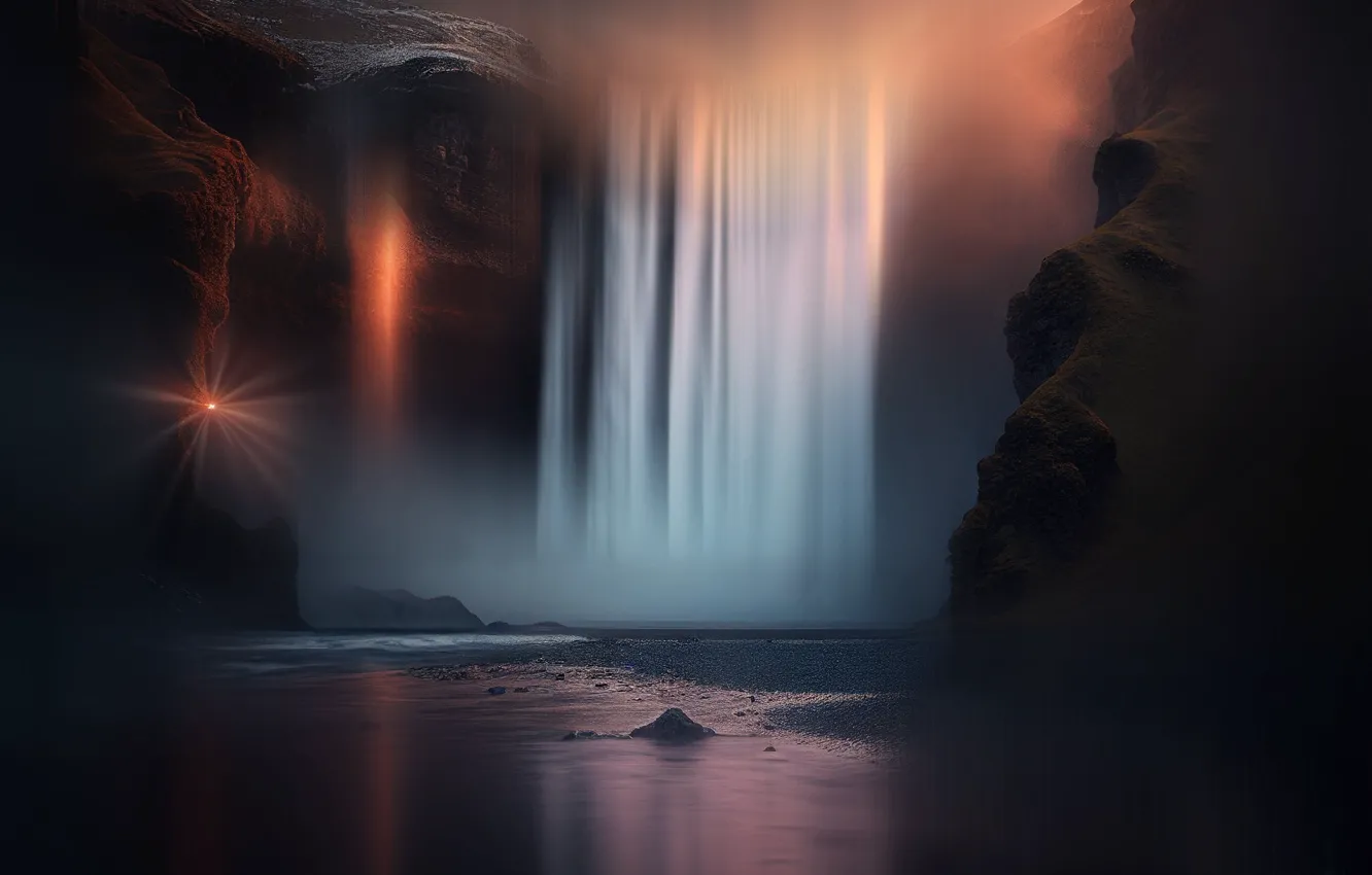 Photo wallpaper rocks, shore, waterfall, AI art, neural network