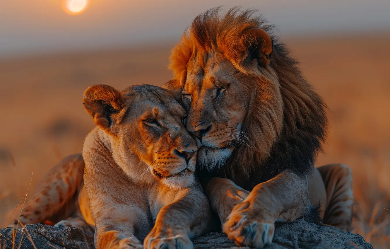 Photo wallpaper dawn, predator, Leo, two, lioness, front, big cats, digital art