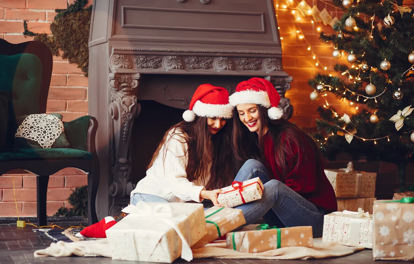 Photo wallpaper girl, joy, smile, room, new year, Christmas, Duo, two girls